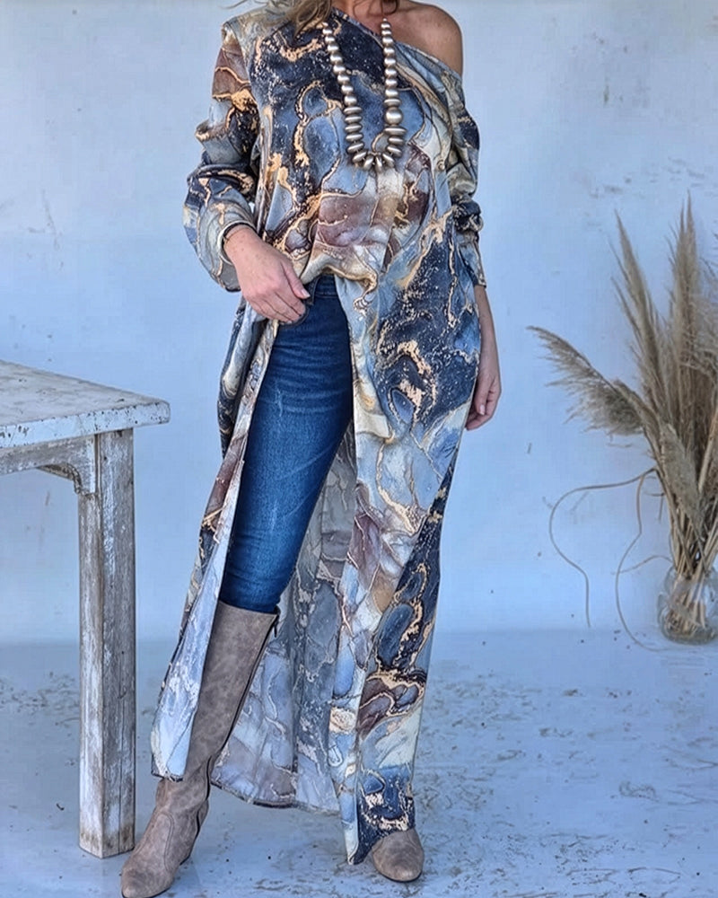 CHICME Women's Marble Print Long Sleeve Blouse Loose Fit High-Low Hem Tunic Top - Image 7