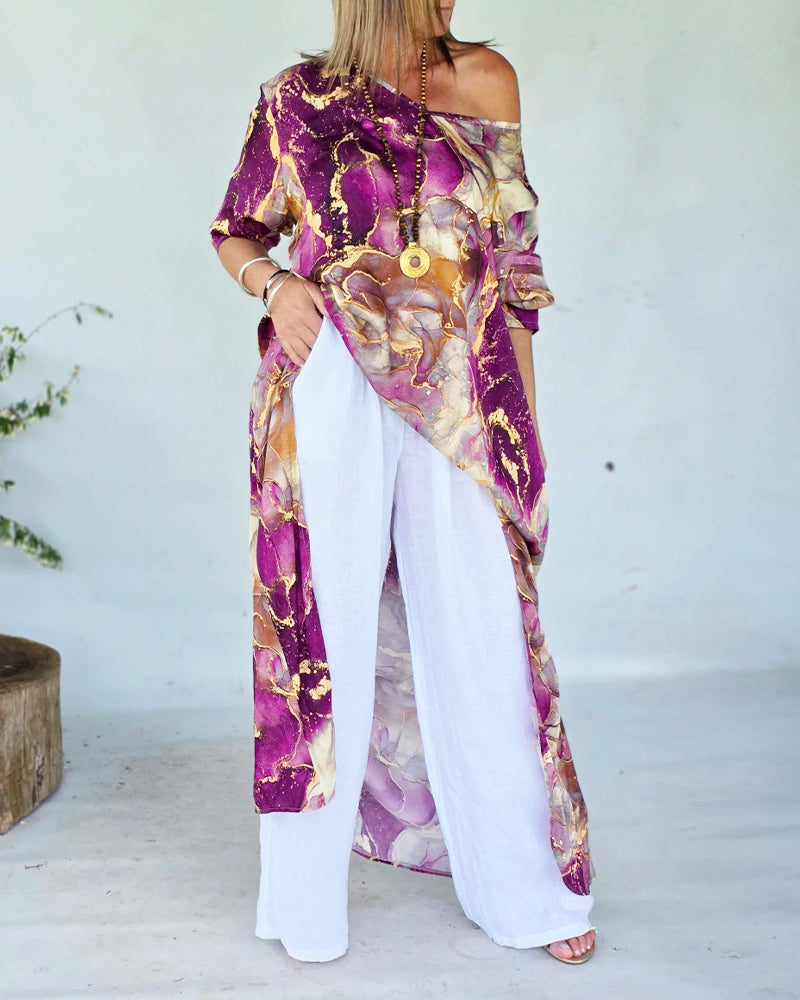 CHICME Women's Marble Print Long Sleeve Blouse Loose Fit High-Low Hem Tunic Top - Image 13