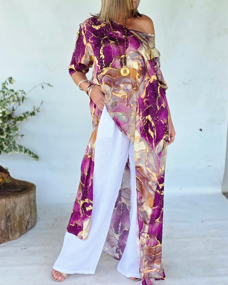 CHICME Women's Marble Print Long Sleeve Blouse Loose Fit High-Low Hem Tunic Top - Image 11