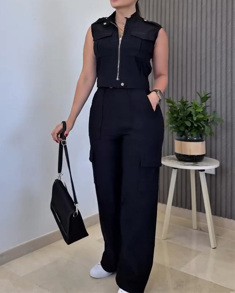 Stylish Plain Two-piece Set 3D Cargo Pockets Sleeveless Tank Top and Casual High Waist Wide Leg Pants Set - Image 6