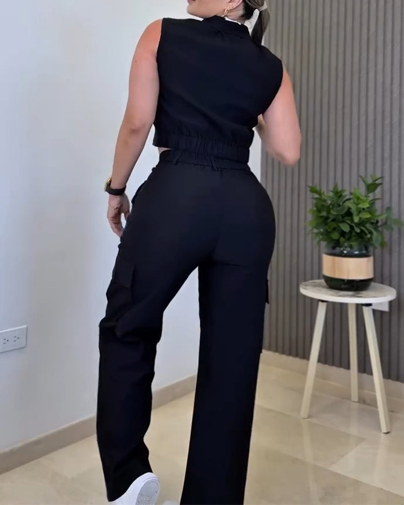Stylish Plain Two-piece Set 3D Cargo Pockets Sleeveless Tank Top and Casual High Waist Wide Leg Pants Set - Image 7