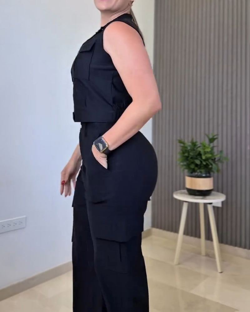 Stylish Plain Two-piece Set 3D Cargo Pockets Sleeveless Tank Top and Casual High Waist Wide Leg Pants Set - Image 8