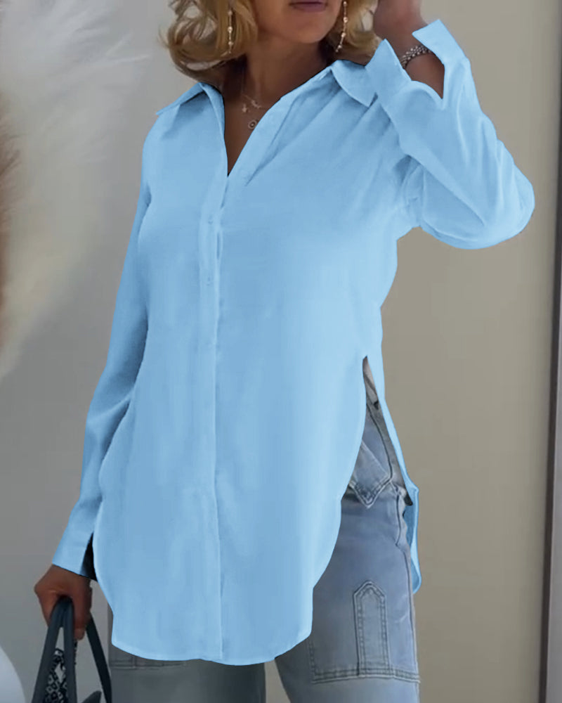 Turn-down Collar Roll Up Sleeve Button Front Shirt Casual Side Slit Curved Hem Top - Image 18