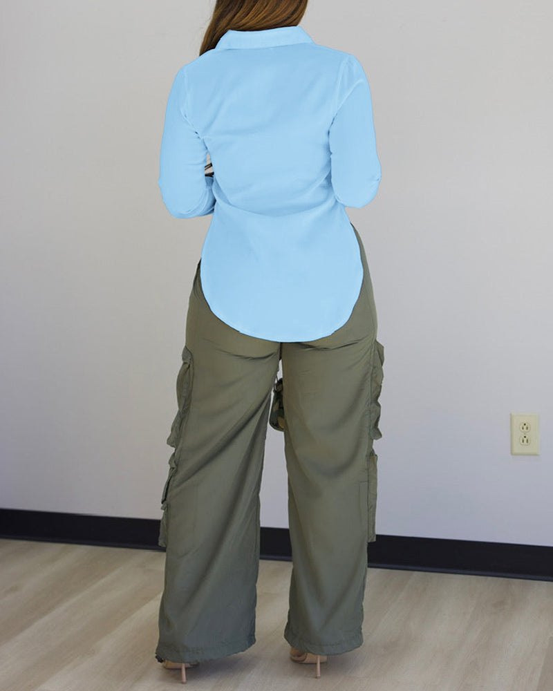 Turn-down Collar Roll Up Sleeve Button Front Shirt Casual Side Slit Curved Hem Top - Image 19