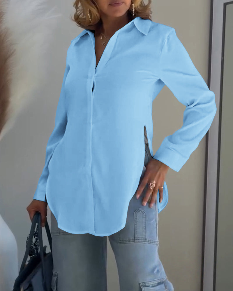 Turn-down Collar Roll Up Sleeve Button Front Shirt Casual Side Slit Curved Hem Top - Image 20