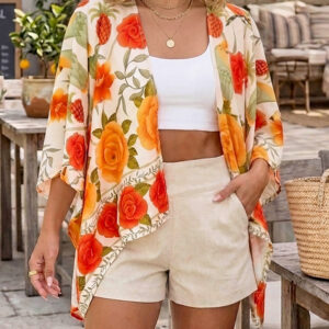 Tropical Floral & Animal Print Open Front Half Sleeve Cover-up Casual Hollow-out Back Loose Fit Cardigan