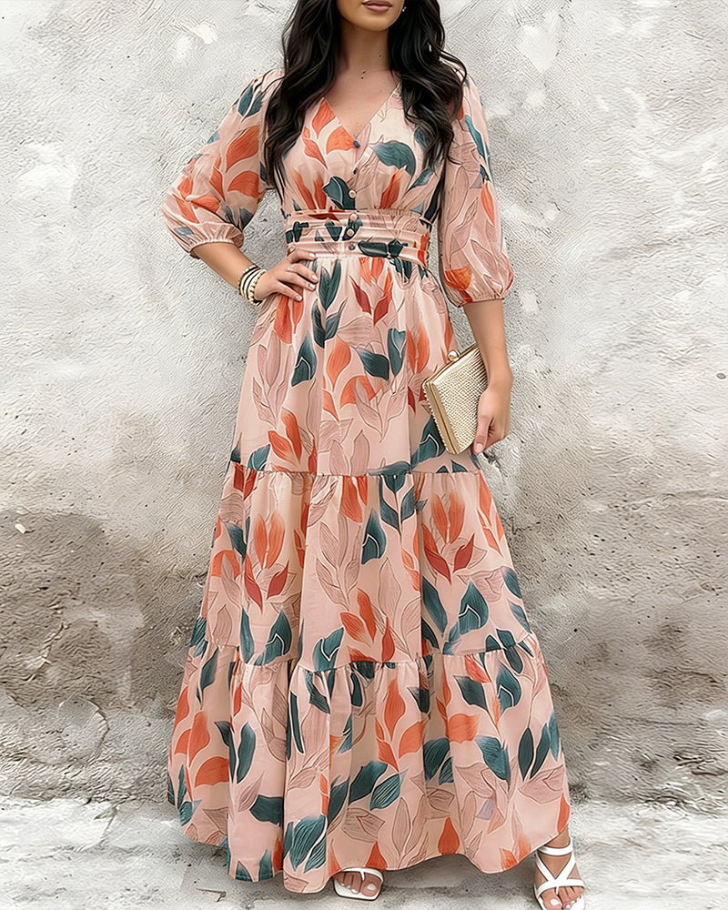 Plants Print V-Neck Half Sleeve Shirred Back Maxi Dress Casual Button Decor Ruched Ruffle Hem Vacation Dress - Image 3