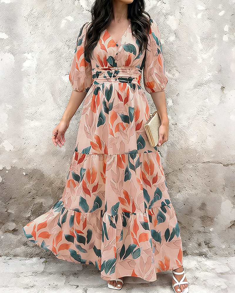 Plants Print V-Neck Half Sleeve Shirred Back Maxi Dress Casual Button Decor Ruched Ruffle Hem Vacation Dress - Image 4