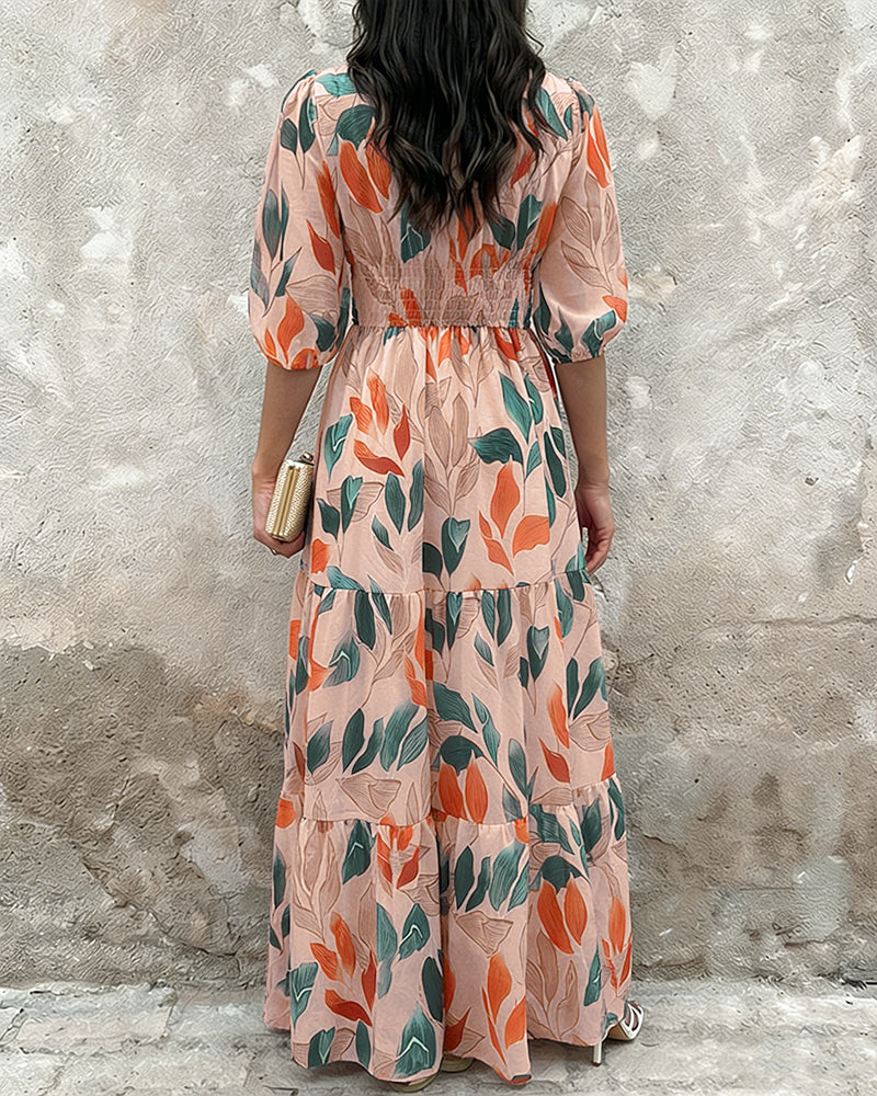 Plants Print V-Neck Half Sleeve Shirred Back Maxi Dress Casual Button Decor Ruched Ruffle Hem Vacation Dress - Image 2