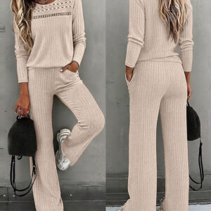 Women's Ribbed Knit Brushed Set Lace Patchwork Long Sleeve Top and Wide Leg Pants 2 Piece Lounge Set with Pockets
