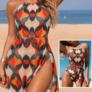 Vintage Colorblock Geometric Print Halter Backless Lace-up Back Dress Casual Side Slit Sheer Mesh Convertible Vacation Dress with Built-In Briefs