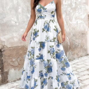 Women's Floral Print Maxi Dress Ruffle Hem Cami Dress V Neck Shirred Summer Vacation Boho Long Dress with Built-In Bra