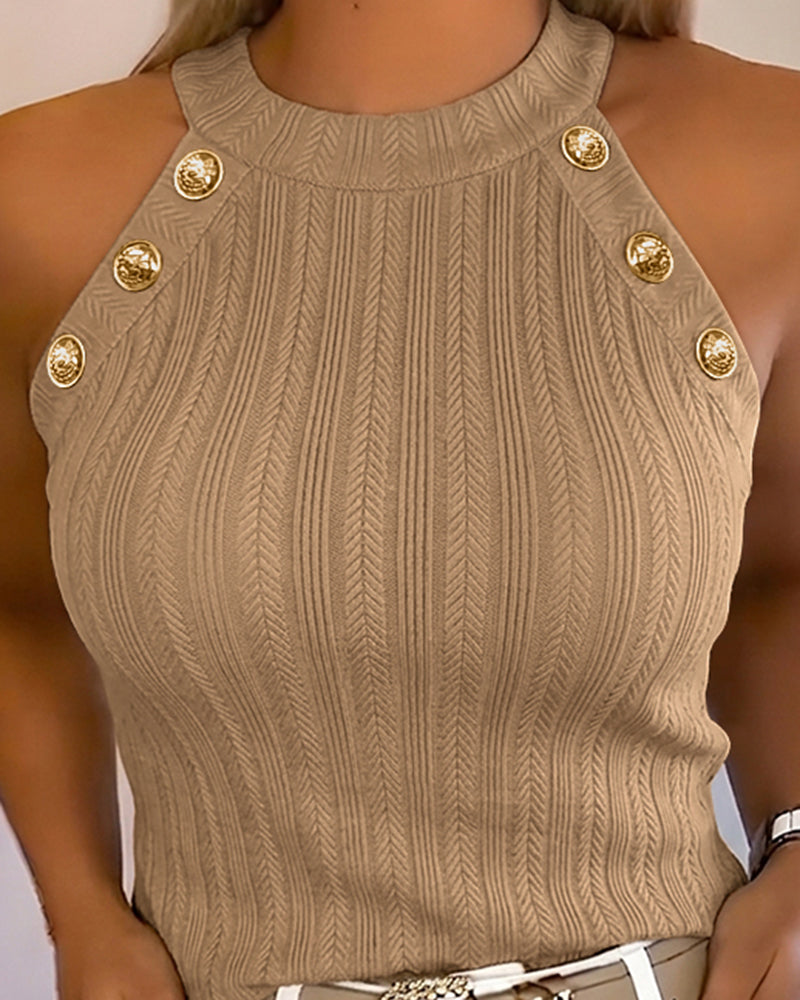 Women's Halter Neck Knit Tank Top Gold Button Cable Knit Vest Sleeveless Slim Fit Ribbed Top - Image 6