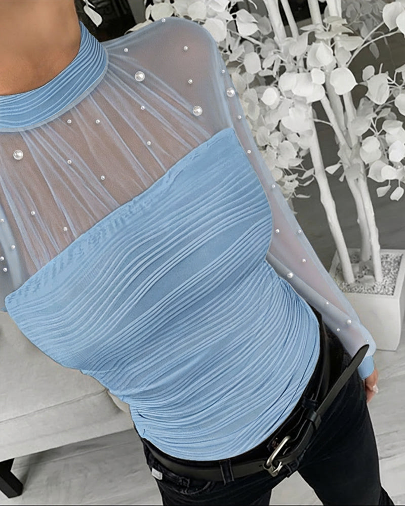 Pearls Decor Mock Neck Sheer Mesh Spliced Ruched Tee Hollow-out Back Slim Fit Textured Top - Image 20