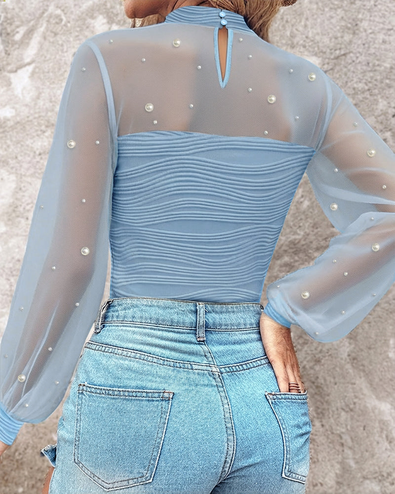 Pearls Decor Mock Neck Sheer Mesh Spliced Ruched Tee Hollow-out Back Slim Fit Textured Top - Image 21