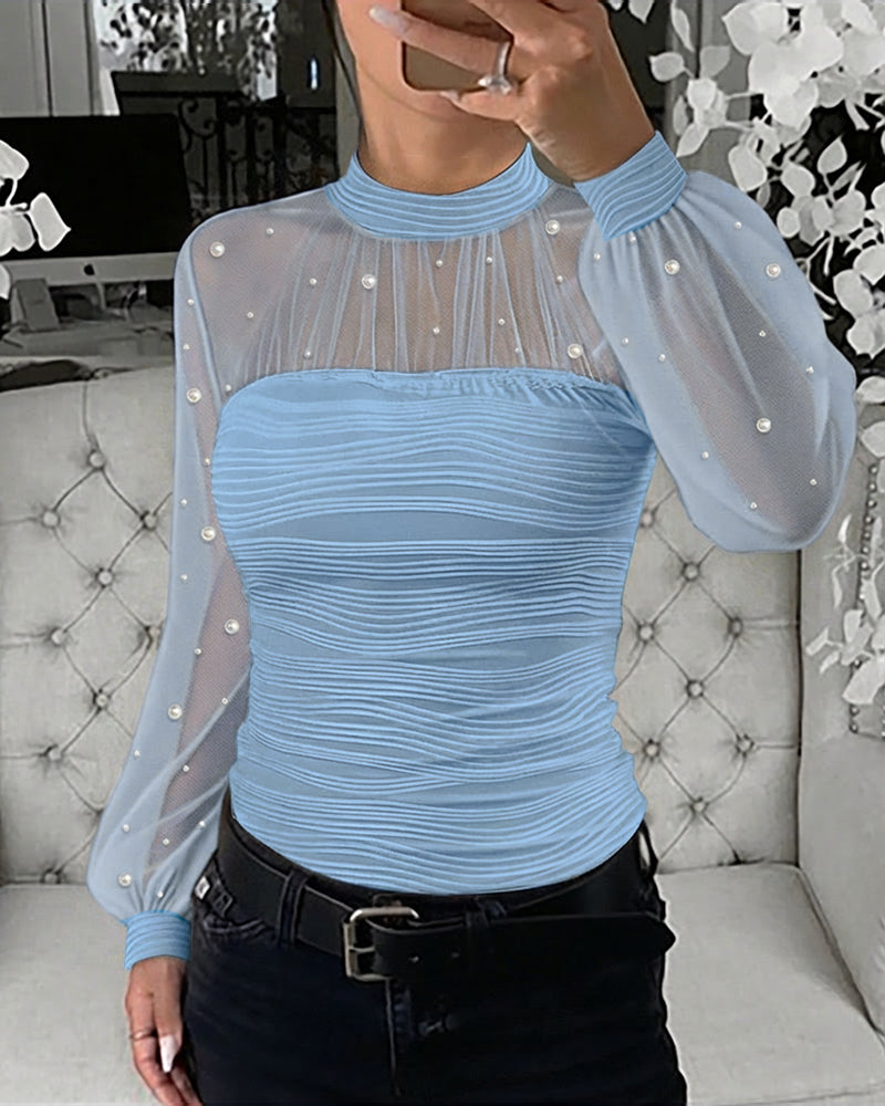 Pearls Decor Mock Neck Sheer Mesh Spliced Ruched Tee Hollow-out Back Slim Fit Textured Top - Image 23
