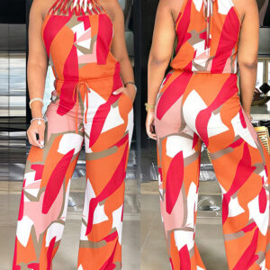 Women's Geometric Print Halter Tie Jumpsuit Criss Cross Neck Hollow Out Wide Leg Romper High Waist Drawstring Jumpsuit