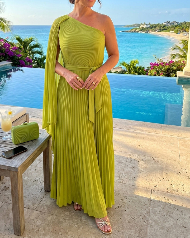 CHICME Women's One-Shoulder Pleated Maxi Dress Asymmetric Draped Cape Sleeve Twist Front Party Dress Elegant High-Waist Evening Dress - Image 4
