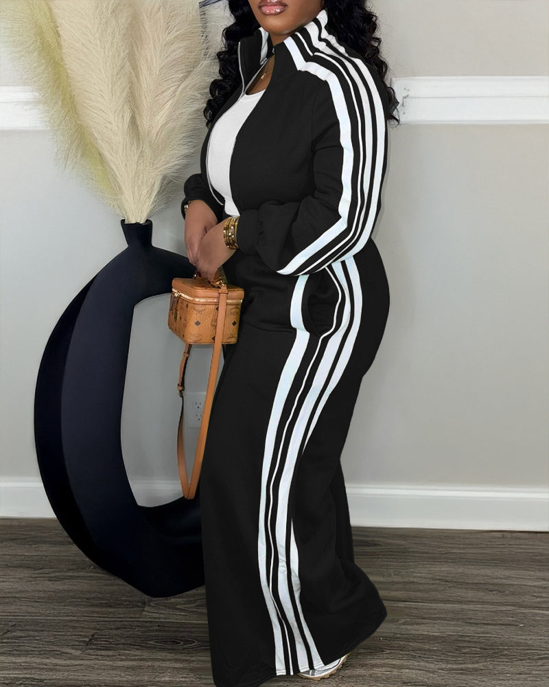 2 Pieces Outfit Stand Collar Zip Up Stretchy Hem Crop Coat and Elastic Waist Wide Leg Pants Set Casual Contrast Side Striped Set - Image 3