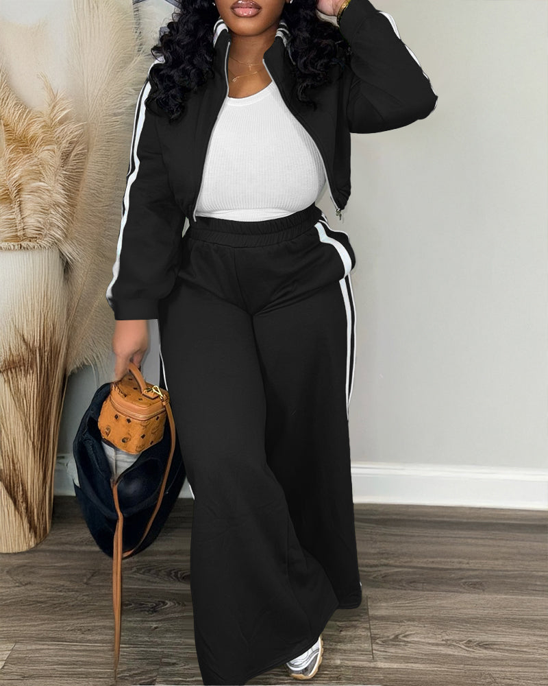 2 Pieces Outfit Stand Collar Zip Up Stretchy Hem Crop Coat and Elastic Waist Wide Leg Pants Set Casual Contrast Side Striped Set - Image 5