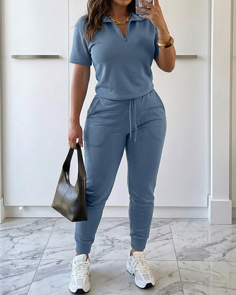 Women's 2-Piece Sporty Set Short Sleeve Half Zip Top and High Waisted Joggers Casual Lounge Outfit with Pockets - Image 4