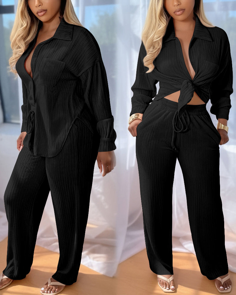 2 Pieces Outfit Turn-down Collar Button Front Pocket Design Asymmetrical Hem Top and Drawstring Elastic Waist Wide Leg Pants Set Casual Textured Set - Image 9