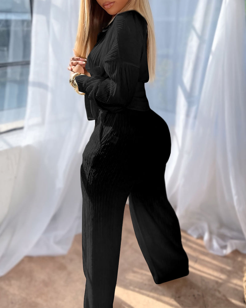 2 Pieces Outfit Turn-down Collar Button Front Pocket Design Asymmetrical Hem Top and Drawstring Elastic Waist Wide Leg Pants Set Casual Textured Set - Image 10