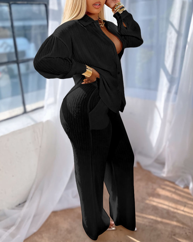 2 Pieces Outfit Turn-down Collar Button Front Pocket Design Asymmetrical Hem Top and Drawstring Elastic Waist Wide Leg Pants Set Casual Textured Set - Image 12