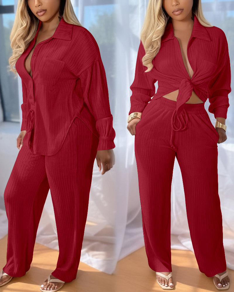 2 Pieces Outfit Turn-down Collar Button Front Pocket Design Asymmetrical Hem Top and Drawstring Elastic Waist Wide Leg Pants Set Casual Textured Set - Image 5