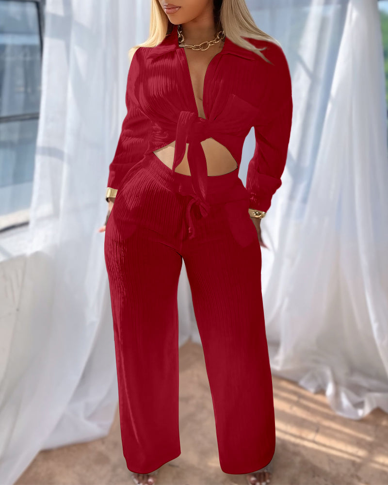 2 Pieces Outfit Turn-down Collar Button Front Pocket Design Asymmetrical Hem Top and Drawstring Elastic Waist Wide Leg Pants Set Casual Textured Set - Image 7