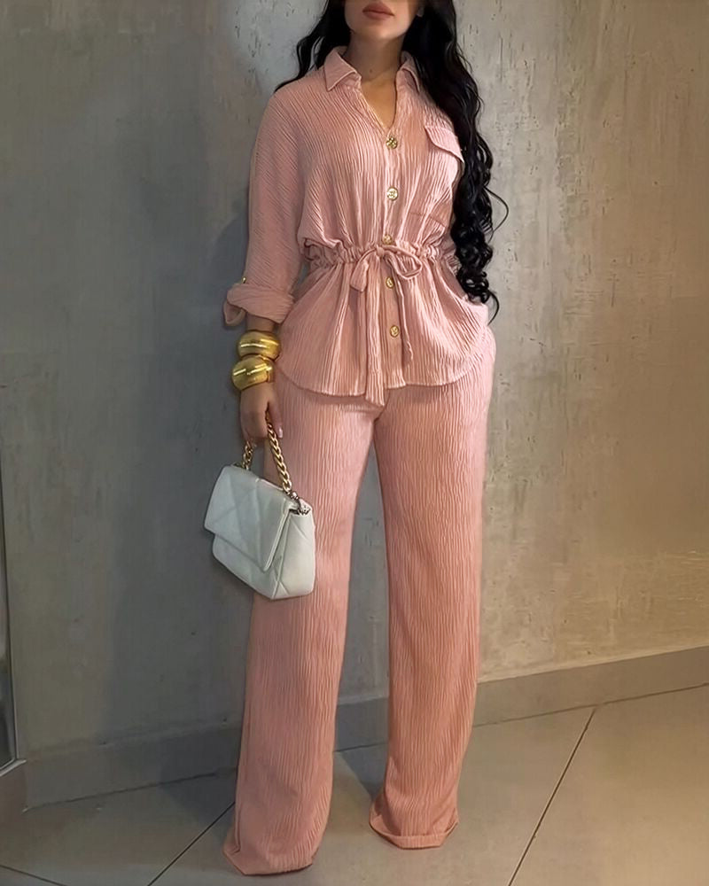 2 Pieces Outfit Vintage Turn-down Collar Roll Up Sleeve Button Front Flap Pocket Design Waist Drawstring Top and Elastic Waist Wide Leg Pants Set Casual Textured Commuting Set - Image 8