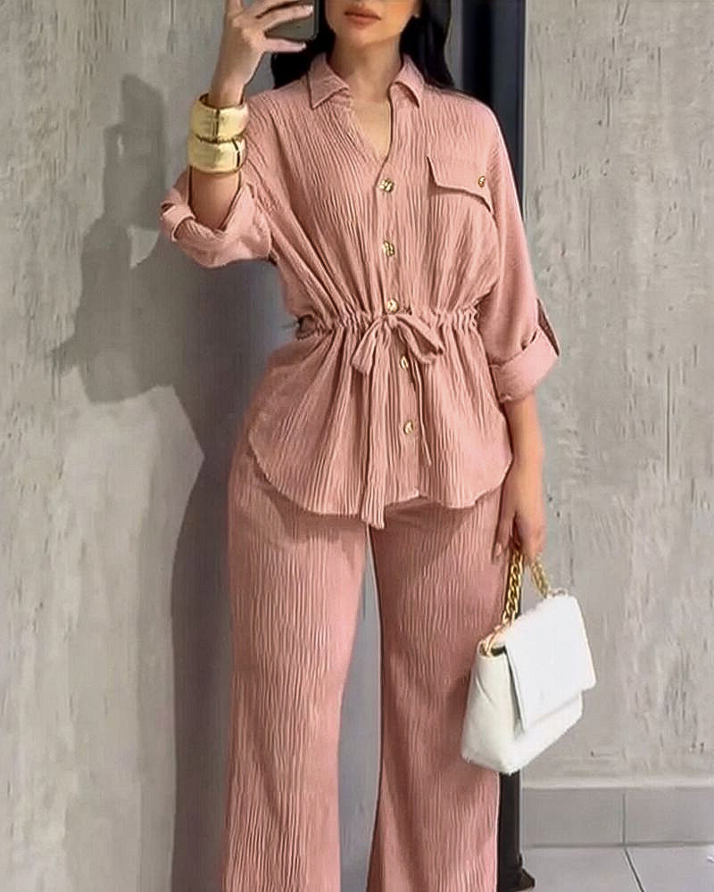2 Pieces Outfit Vintage Turn-down Collar Roll Up Sleeve Button Front Flap Pocket Design Waist Drawstring Top and Elastic Waist Wide Leg Pants Set Casual Textured Commuting Set - Image 11