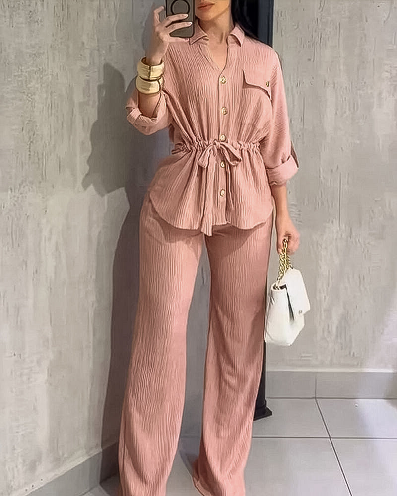 2 Pieces Outfit Vintage Turn-down Collar Roll Up Sleeve Button Front Flap Pocket Design Waist Drawstring Top and Elastic Waist Wide Leg Pants Set Casual Textured Commuting Set - Image 12