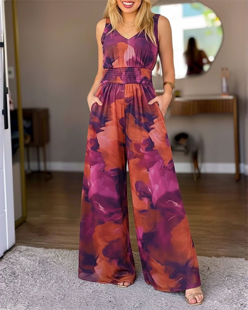 Women's Tie Dye Print Mesh Jumpsuit V Neck Shirred Waist Wide Leg Overalls Backless Sleeveless Jumpsuit with Pockets - Image 3