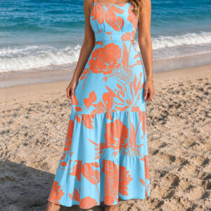 Floral Print Square Neck Adjustable Straps Shirred Back Maxi Dress Casual Cutout Waist Ruffle Hem Vacation Dress
