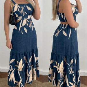 Plants Placement Print Adjustable Straps Cutout Waist Shirred Back Maxi Dress Casual Cinched Waist Ruffle Hem Vacation Dress