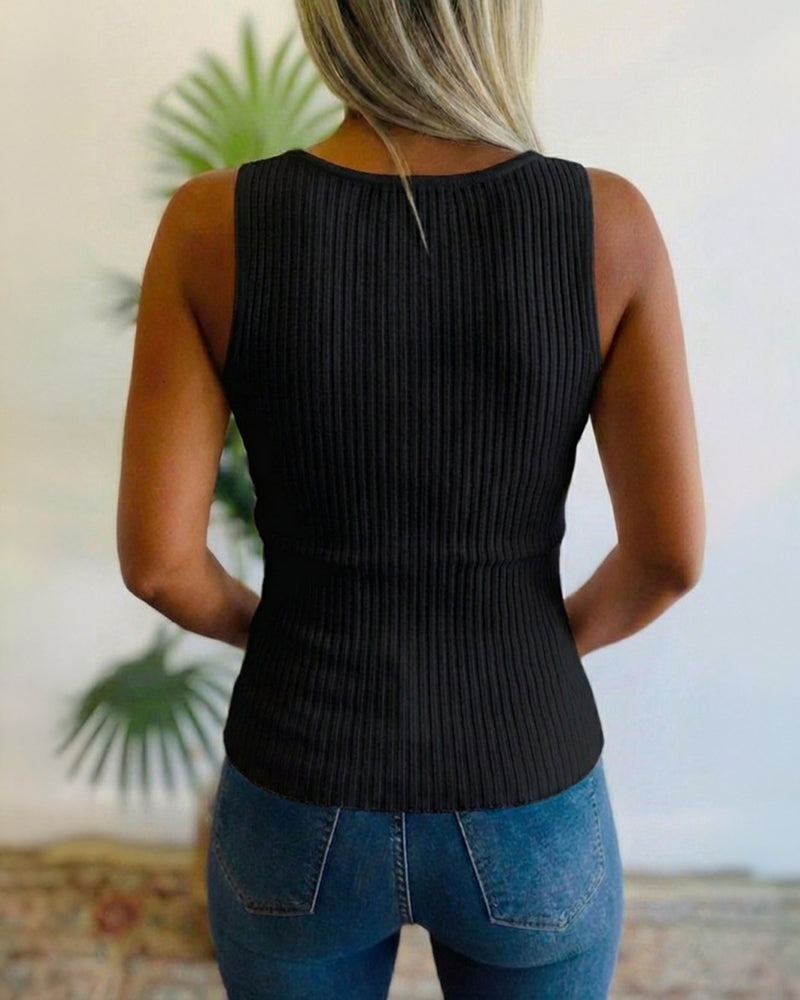 Rhinestone Decor U-Neck Sleeveless Tee Slim Fit Backless Ribbed Tank Top - Image 2