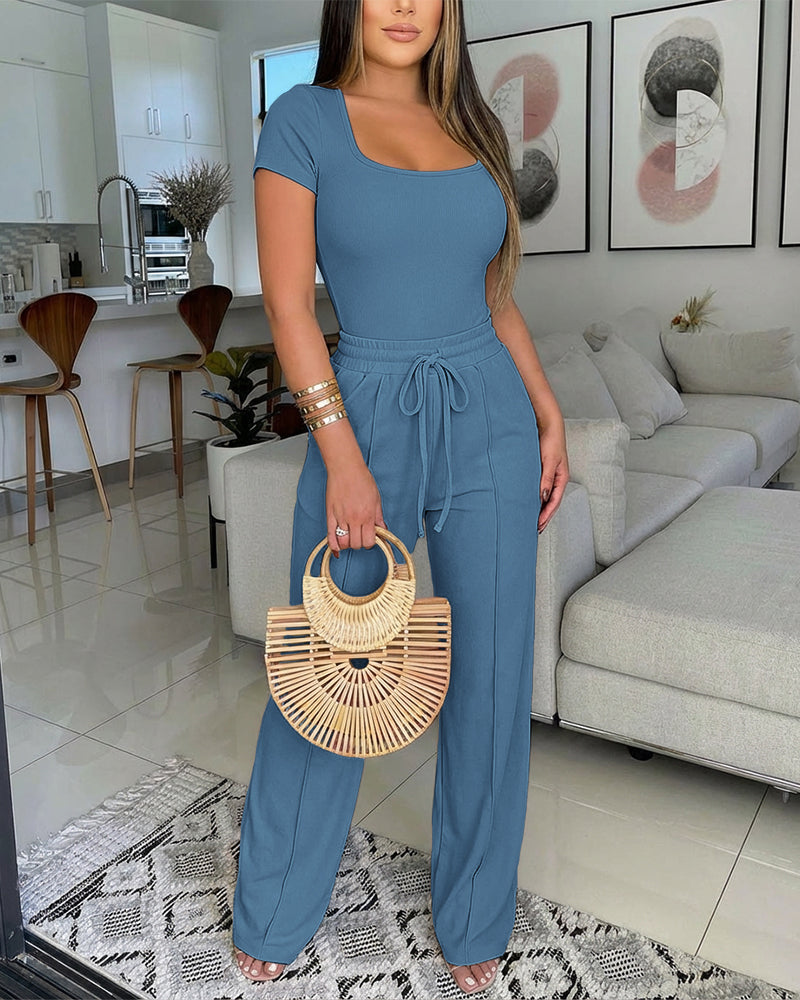 2 Pieces Outfit U-Neck Short Sleeve Slim Fit Ribbed Bodysuit and Drawstring Elastic Waist Seam Front Pants Casual Versatile Set - Image 13