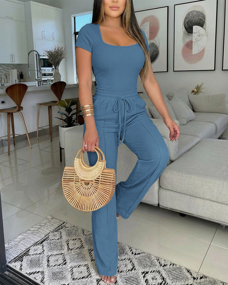 2 Pieces Outfit U-Neck Short Sleeve Slim Fit Ribbed Bodysuit and Drawstring Elastic Waist Seam Front Pants Casual Versatile Set - Image 16