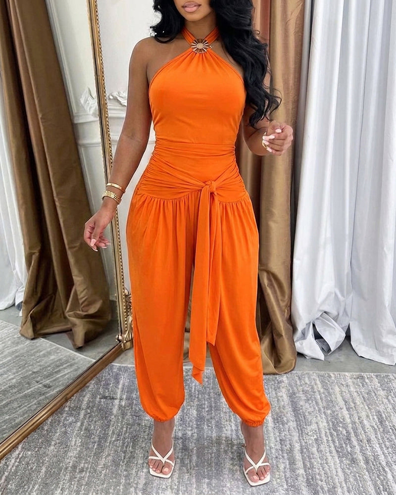 Women's Gold Decor Halter Tie Jumpsuit Sexy Backless Ruched Lantern Overalls Casual Vacation Jumpsuit - Image 5