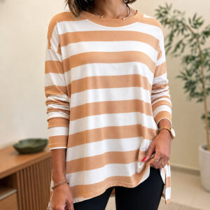 Women's Striped T Shirt Long Sleeve Drop Shoulder Crewneck Tee Side Slit Casual Loose Fit Top