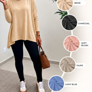 Women's Asymmetric Hem Long Sleeve Top Loose Fit Dropped Shoulder Crewneck Soft Slouchy Casual Tee