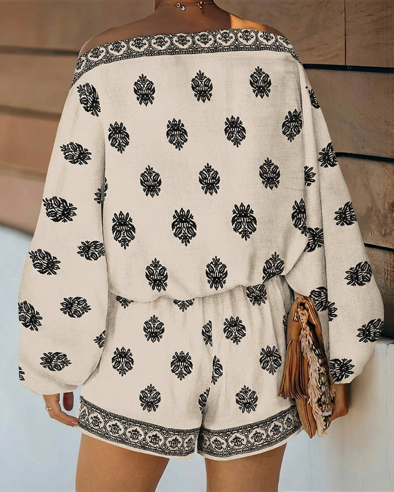 2 Pieces Outfit Boho Skew Neck Lantern Sleeve Top and Elastic Waist Shorts Set Casual Vintage Baroque Placement Print Vacation Set - Image 7