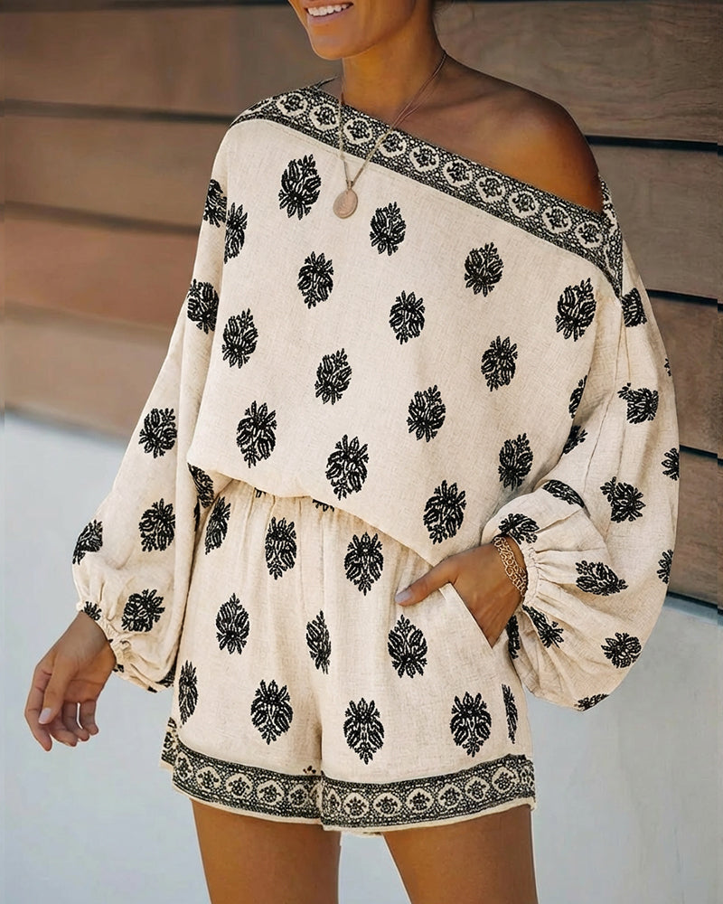 2 Pieces Outfit Boho Skew Neck Lantern Sleeve Top and Elastic Waist Shorts Set Casual Vintage Baroque Placement Print Vacation Set - Image 9