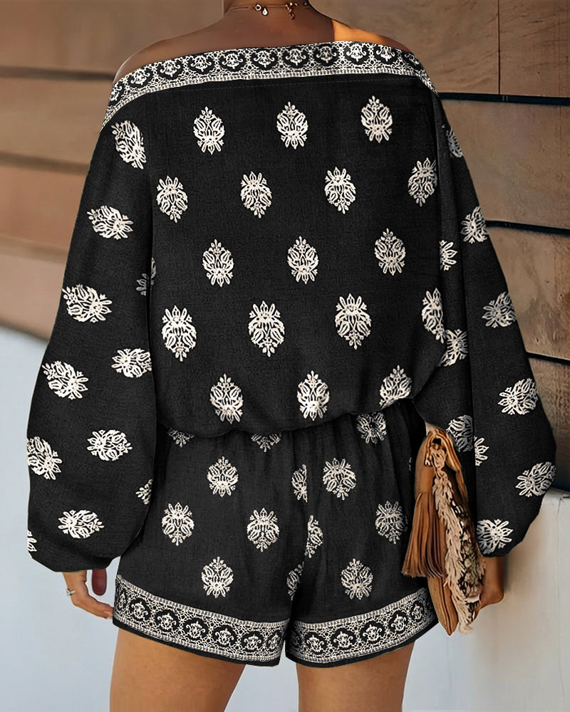 2 Pieces Outfit Boho Skew Neck Lantern Sleeve Top and Elastic Waist Shorts Set Casual Vintage Baroque Placement Print Vacation Set - Image 12