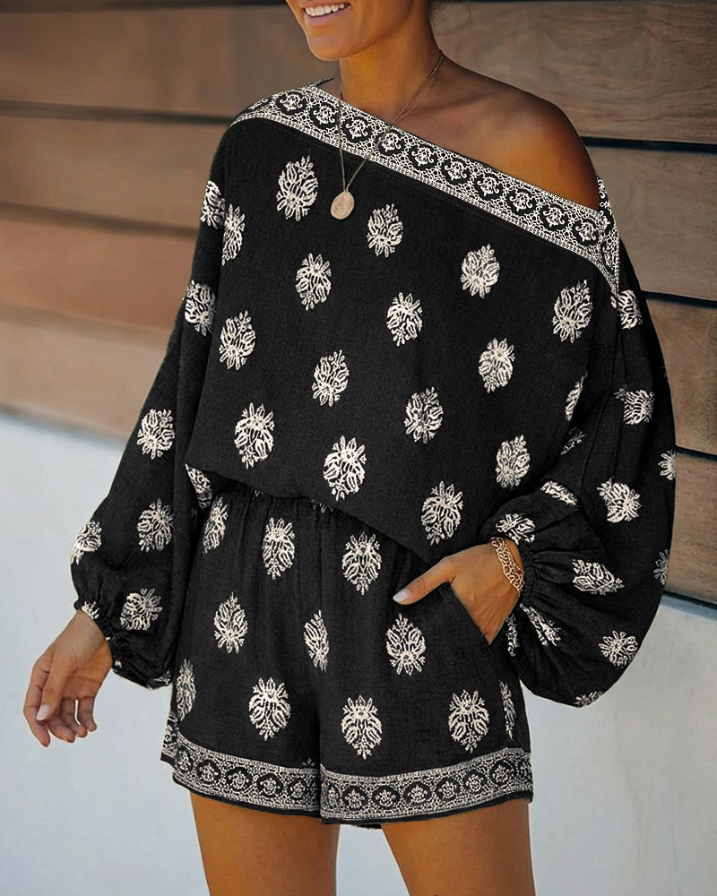 2 Pieces Outfit Boho Skew Neck Lantern Sleeve Top and Elastic Waist Shorts Set Casual Vintage Baroque Placement Print Vacation Set - Image 13