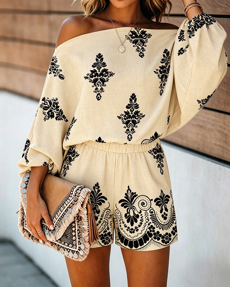 Women's Vintage Print Two-Piece Set Off-Shoulder Batwing Sleeve Top and High-Waisted Shorts Casual Vacation Set - Image 15