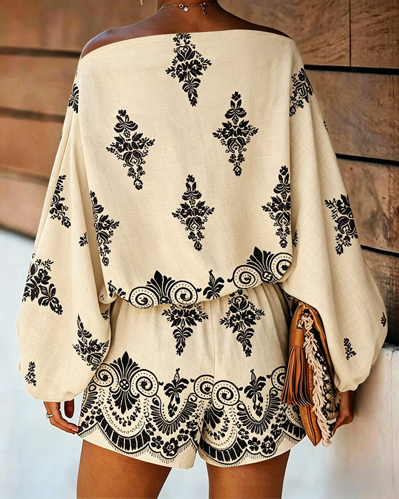 Women's Vintage Print Two-Piece Set Off-Shoulder Batwing Sleeve Top and High-Waisted Shorts Casual Vacation Set - Image 12
