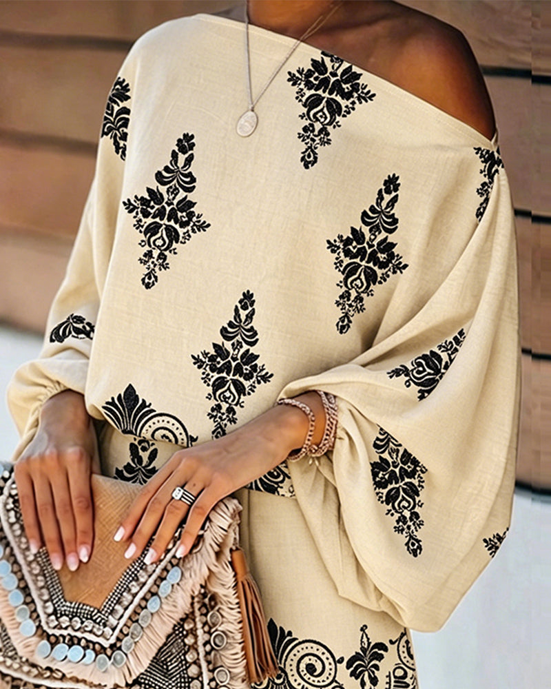 Women's Vintage Print Two-Piece Set Off-Shoulder Batwing Sleeve Top and High-Waisted Shorts Casual Vacation Set - Image 11