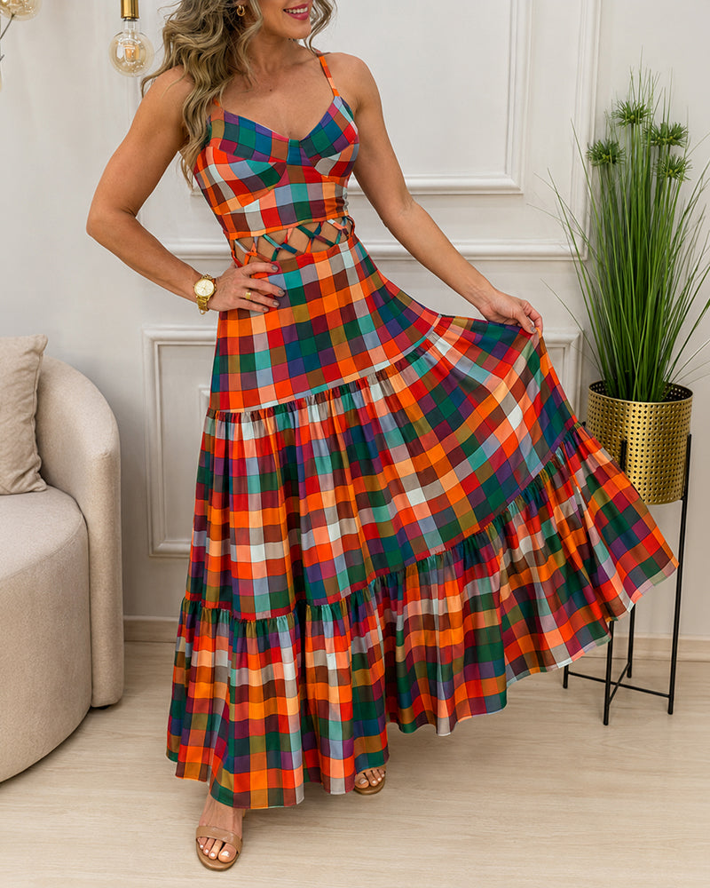 Women's Colorblock Plaid Hollow-out Maxi Dress V Neck Backless Ruffle Cami Dress Casual Shirred Beach Sundress - Image 16